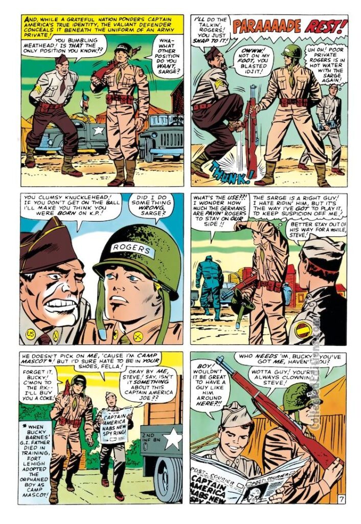Tales of Suspense #63, pg. 7; pencils, Jack Kirby; inks, Frank Giacoia; origin of Steve Rogers, bucky Barnes, Sarge, Sergeant Duffy