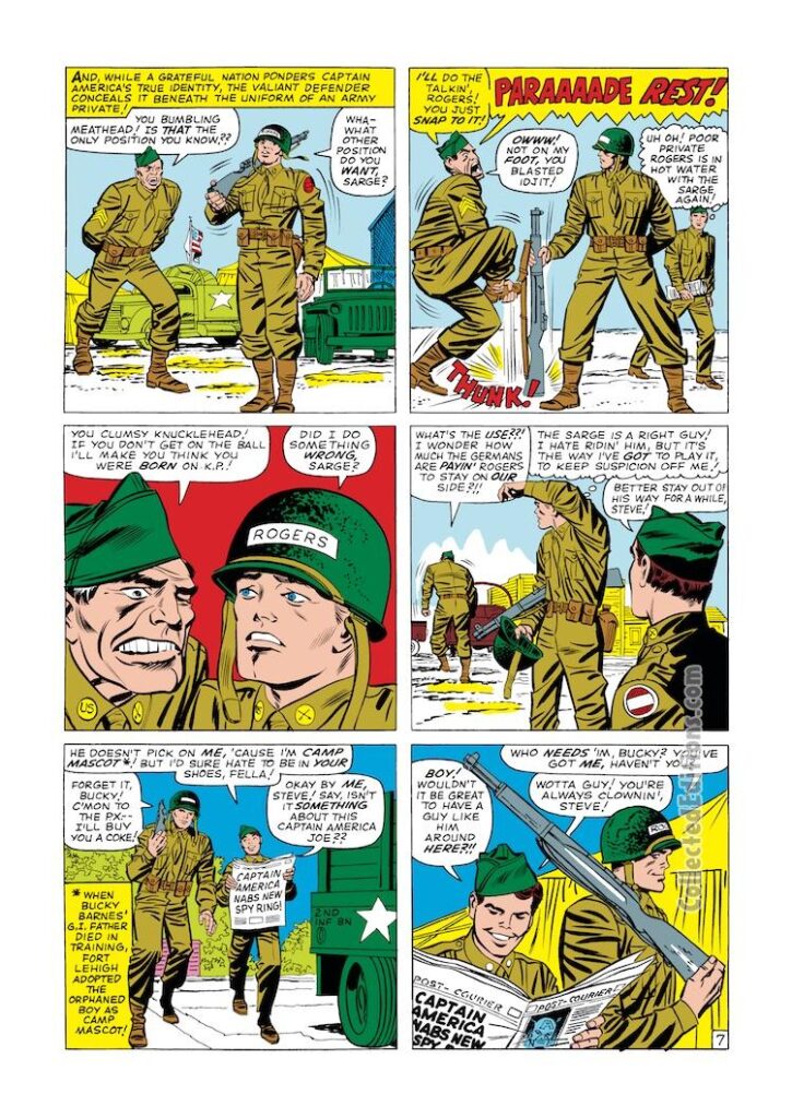Tales of Suspense #63, pg. 7; pencils, Jack Kirby; inks, Frank Giacoia; Sgt. Duffy, Captain America, Private Steve Rogers, Bucky Barnes, flashback, World War II, boot camp