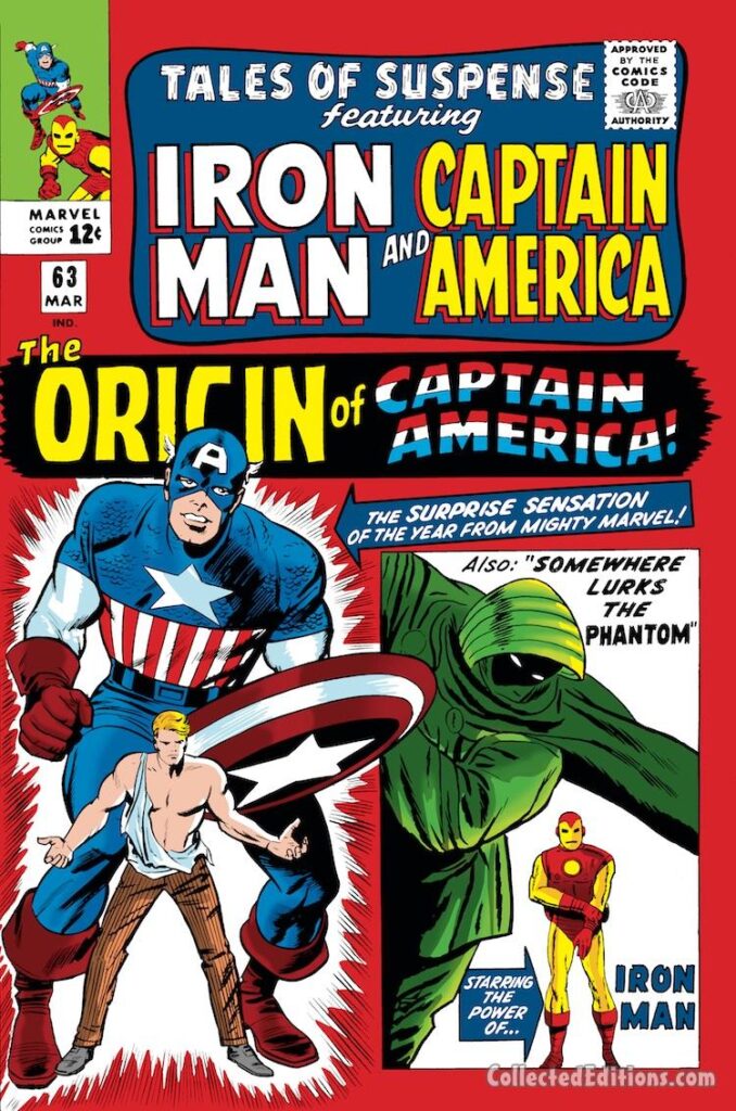Tales of Suspense #63 cover; pencils, Jack Kirby (Cap), Don Heck (Iron Man); inks, Sol Brodsky (Cap), Dick Ayers (Iron Man); Origin of Captain America