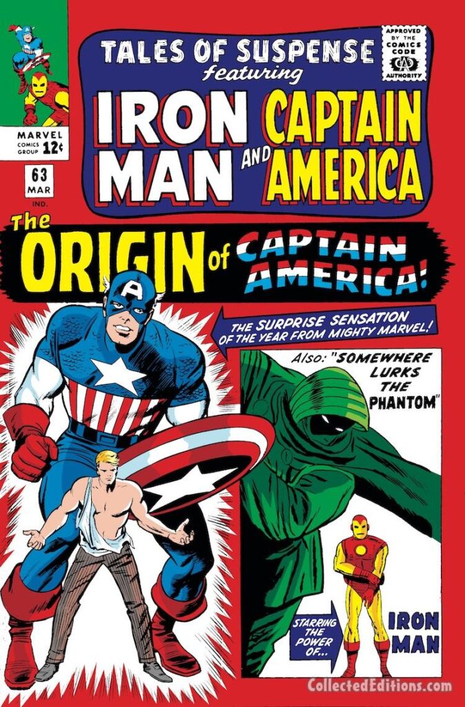 Tales of Suspense #63 cover; pencils, Jack Kirby (Cap), Don Heck (Iron Man); inks, Sol Brodsky (Cap), Dick Ayers (Iron Man); Captain America, Iron Man, The Origin of Steve Rogers