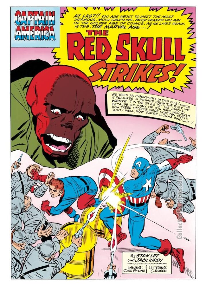 Tales of Suspense #65, pg. 1; pencils, Jack Kirby; inks, Chic Stone; The Red Skull Strikes, origin, Bucky Barnes, Captain America, Stan Lee