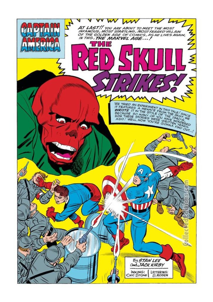 Tales of Suspense #65, pg. 1; pencils, Jack Kirby; inks, Chic Stone; The Red Skull Strikes, splash page, Stan Lee, Captain America, Bucky Barnes
