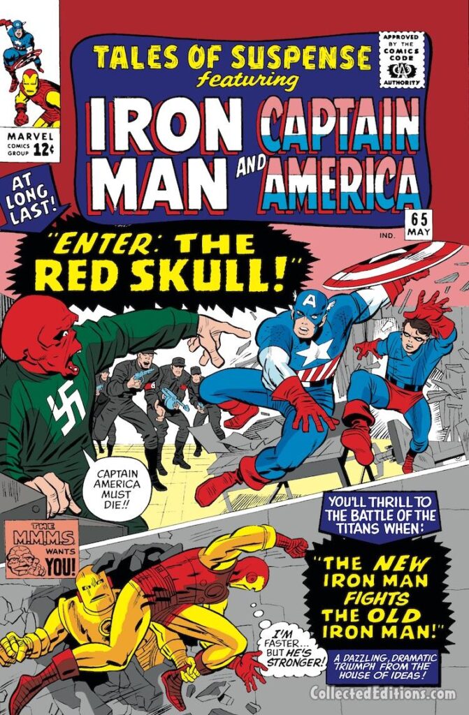 Tales of Suspense #65 cover; pencils, Jack Kirby; inks, Chic Stone; Enter The Red Skull, Captain America, Bucky Barnes, World War II, Silver Age retellings