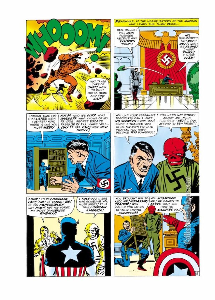 Tales of Suspense #67, pg. 5; pencils, Jack Kirby; inks, Frank Giacoia; Red Skull, Captain America, Adolf Hitler, swastika, Nazi, Germany