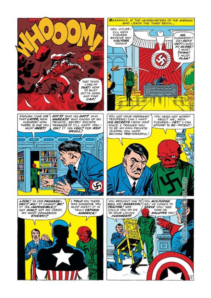 Tales of Suspense #67, pg. 5; pencils, Jack Kirby; inks, Frank Giacoia; Red Skull, Adolf Hitler, Nazi Party, Captain America