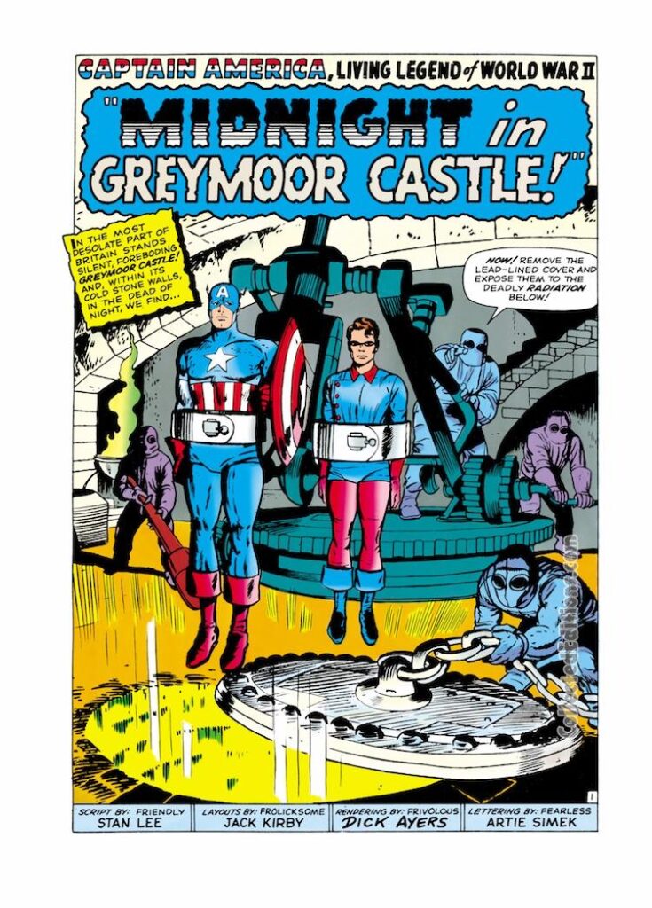 Tales of Suspense #69, pg. 1; layouts, Jack Kirby; pencils and inks, Dick Ayers; Midnight in Greymoor Castle, Bucky Barnes, Steve Rogers, Captain America, Stan Lee