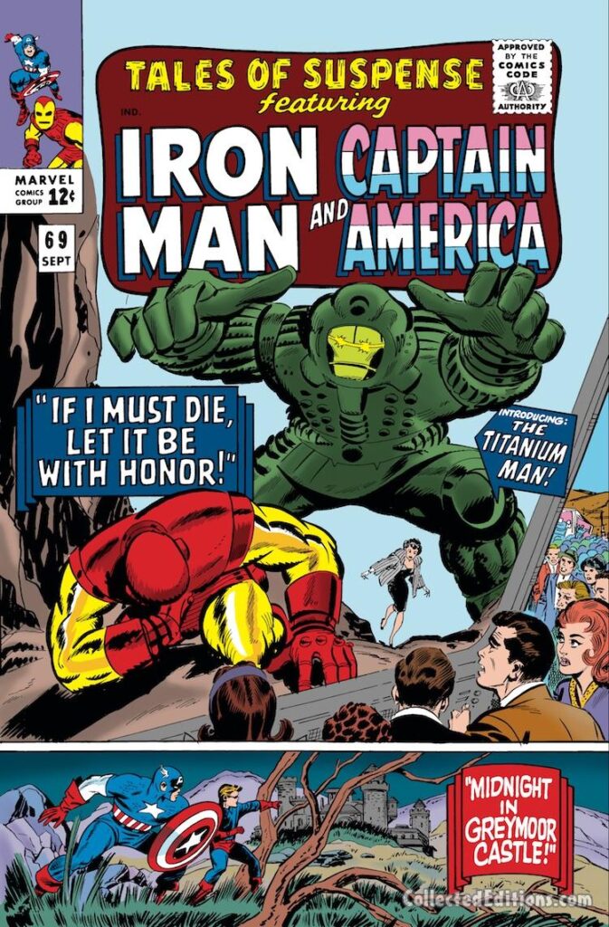 Tales of Suspense #69 cover; pencils, Jack Kirby; inks, Don Heck (Iron Man), Mike Esposito (Cap); Midnight in Greymoor Castle, Captain America, Bucky Barnes