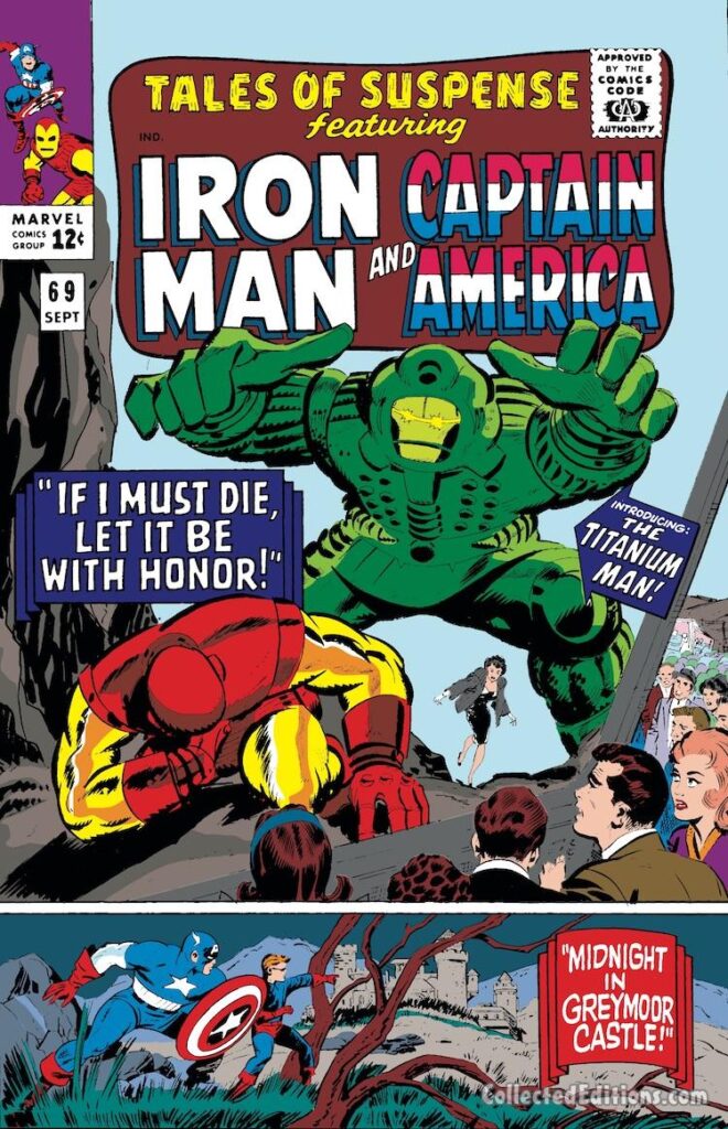 Tales of Suspense #69 cover; pencils, Jack Kirby; inks, Don Heck (Iron Man), Mike Esposito (Cap); Midnight in Greymoor Castle, Captain America, Bucky Barnes