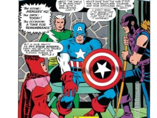 Tales of Suspense #72, pg. 1; layouts, Jack Kirby; pencils, George Tuska; inks, Wally Wood; The Sleeper Shall Awake, Captain America tells story to Avengers, Hawkeye, Quicksilver, Scarlet Witch, Kooky Quartet, Stan Lee, Marvel Age