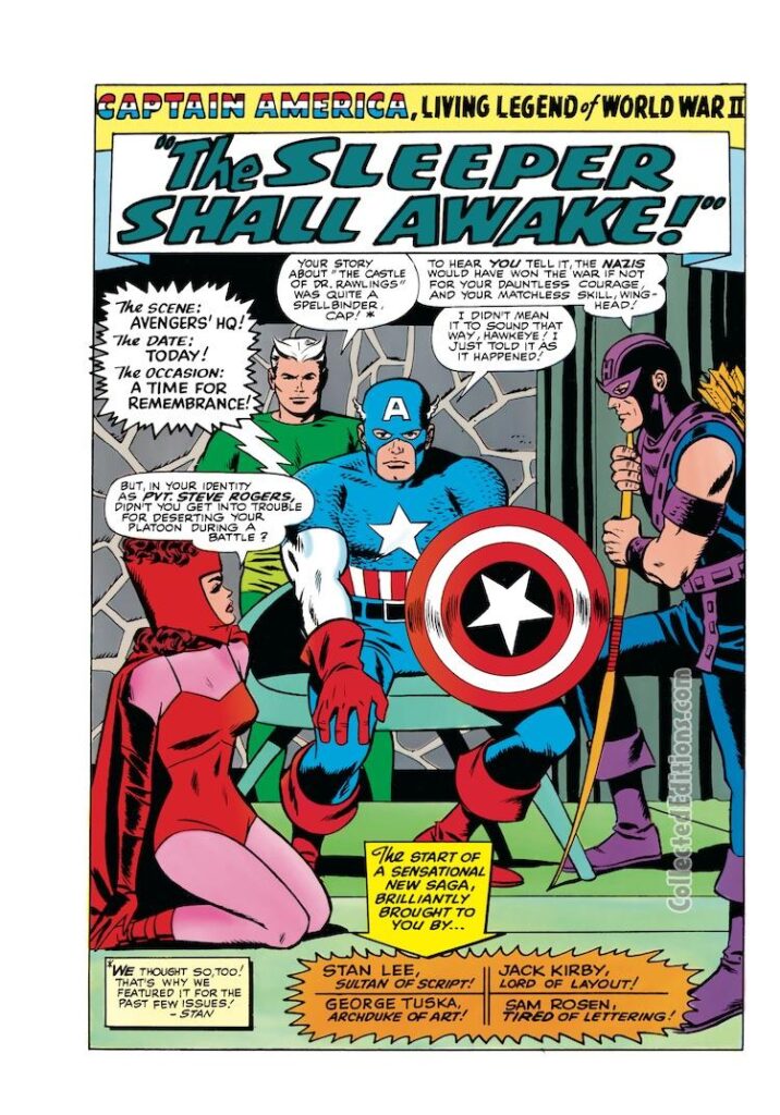 Tales of Suspense #72, pg. 1; layouts, Jack Kirby; pencils, George Tuska; inks, Wally Wood; The Sleeper Shall Awake, Captain America tells story to Avengers, Hawkeye, Quicksilver, Scarlet Witch, Kooky Quartet, Stan Lee, Marvel Age