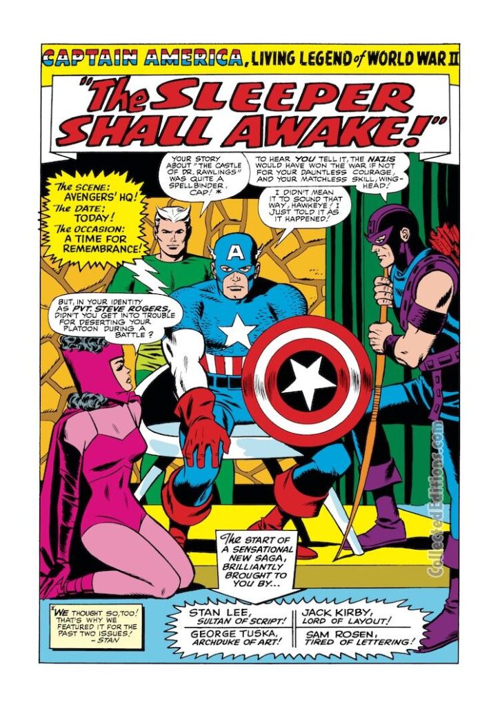 Tales of Suspense #72, pg. 1; layouts, Jack Kirby; pencils, George Tuska; inks, Wally Wood; The Sleeper Shall Awake, Avengers, Captain America, Hawkeye, Quicksilver, Scarlet Witch, Stan Lee, splash page