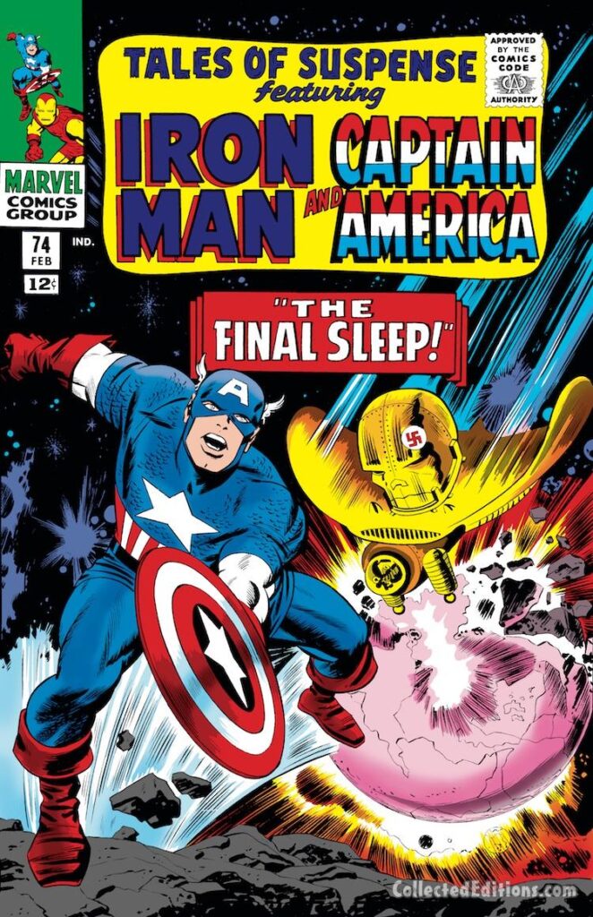Tales of Suspense #74 cover; pencils, Jack Kirby; inks, Sol Brodsky; The Final Sleep, the Sleeper, Red Skull, Nazi swastika, Marvel Age, Captain America