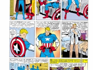 Tales of Suspense #75, pg. 5; layouts, Jack Kirby; pencils, Dick Ayers; inks, John Tartaglione; Captain America, Steve Rogers, costume, shield, boots, red white and blue