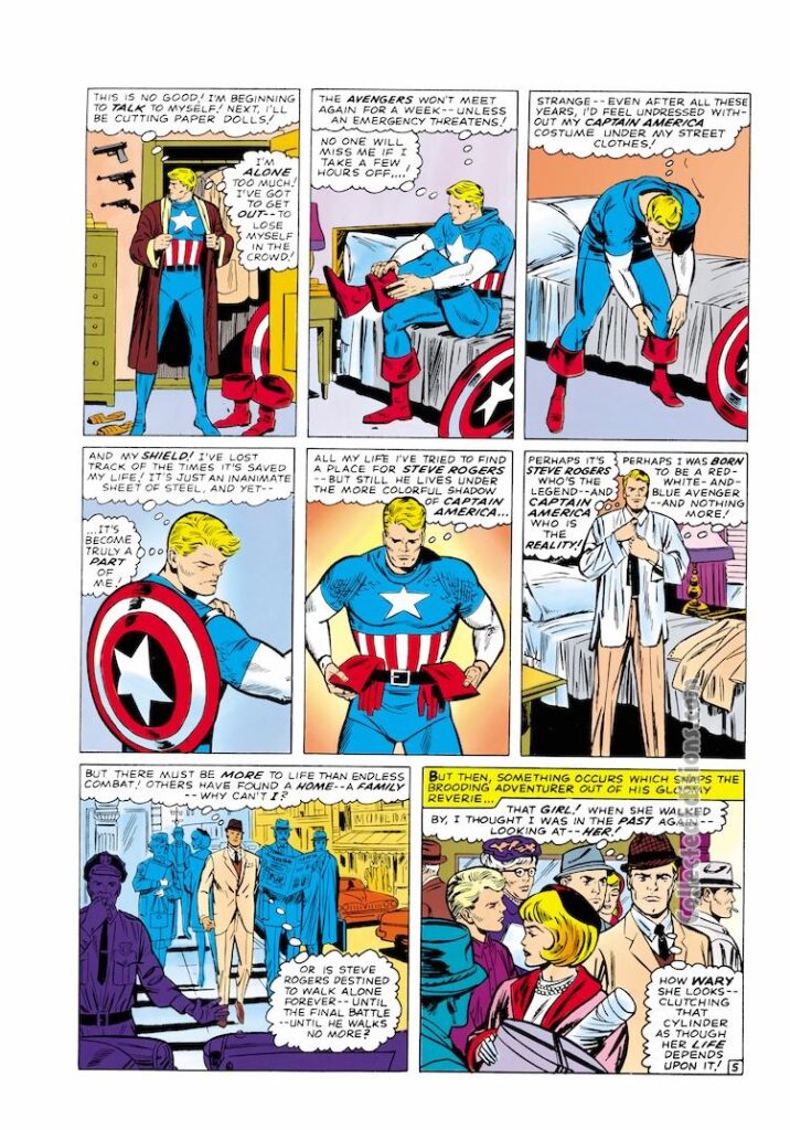 Tales of Suspense #75, pg. 5; layouts, Jack Kirby; pencils, Dick Ayers; inks, John Tartaglione; Captain America, Steve Rogers, costume, shield, boots, red white and blue