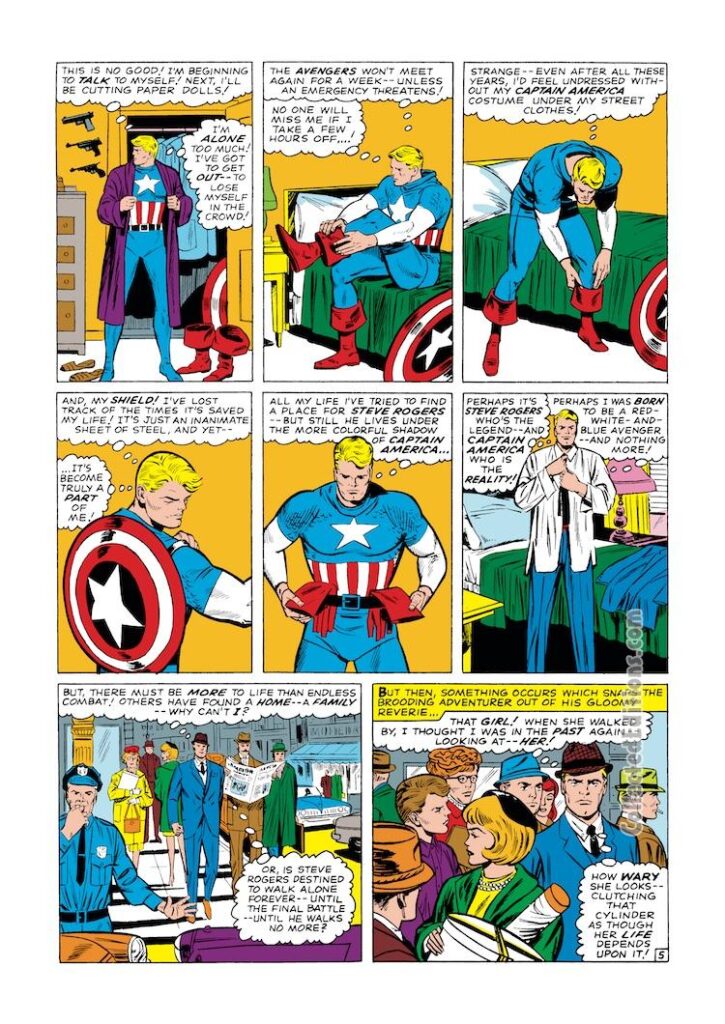Tales of Suspense #75, pg. 5; layouts, Jack Kirby; pencils, Dick Ayers; inks, John Tartaglione; Captain America, Steve Rogers
