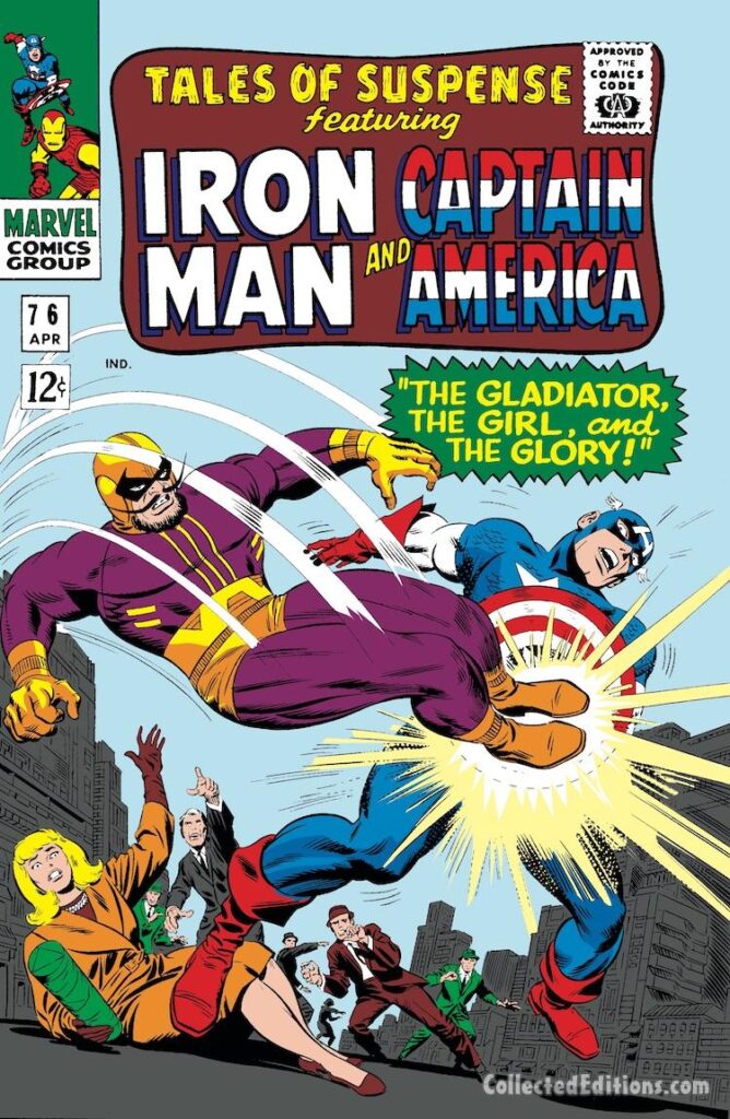 Tales of Suspense #76 cover; pencils, Jack Kirby; inks, John Romita Sr.; Captain America, Batroc the Leaper, first appearance, The Gladiator, The Girl and the Glory