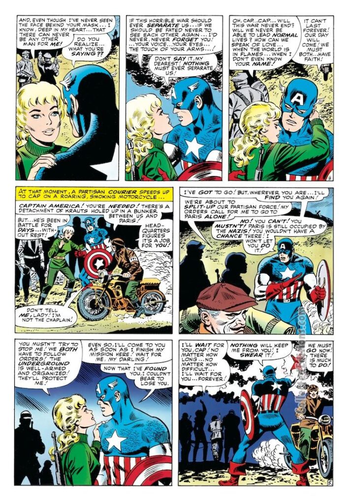 Tales of Suspense #77, pg. 5; pencils, Jack Kirby; inks, Frank Giacoia; Captain America, Peggy Carter, Agent 13