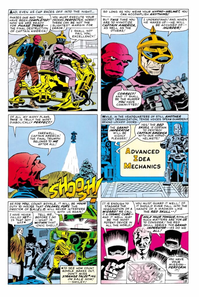 Tales of Suspense #79, pg. 8; pencils, Jack Kirby; inks, Frank Giacoia; Red Skull, A.I.M. Advanced Idea Mechanics, Stan Lee, Captain America, Cosmic Cube, Hypno-Helmet