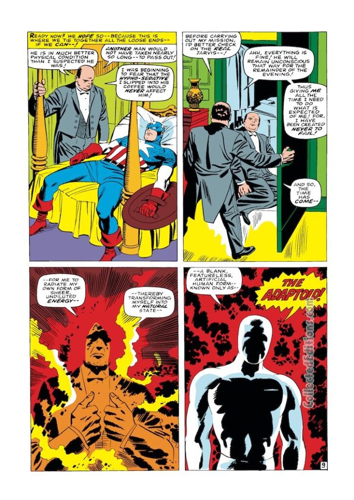 Tales of Suspense #82, pg. 9; pencils, Jack Kirby; inks, Frank Giacoia; Captain America, The Adaptoid, Jarvis, Avengers Mansion
