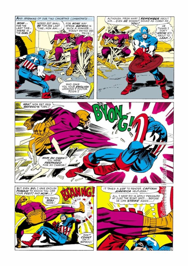 Tales of Suspense #85, pg. 6; pencils, Jack Kirby; inks, Frank Giacoia; Captain America, Batroc the Leaper