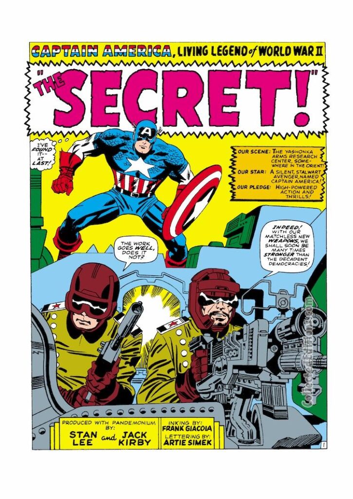 Tales of Suspense #86, pg. 1; pencils, Jack Kirby; inks, Frank Giacoia; The Secret; Yashonka Arms Center, Captain America