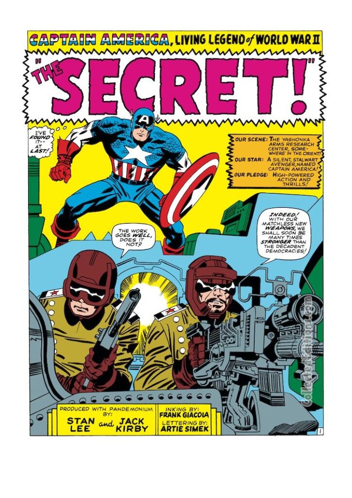 Tales of Suspense #86, pg. 1; pencils, Jack Kirby; inks, Frank Giacoia; The Secret, Captain America
