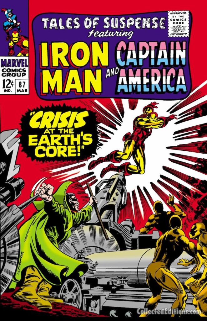 Tales of Suspense #87 cover; pencils, Gene Colan; inks, Frank Giacoia; Iron Man, Crisis at the Earth's Core