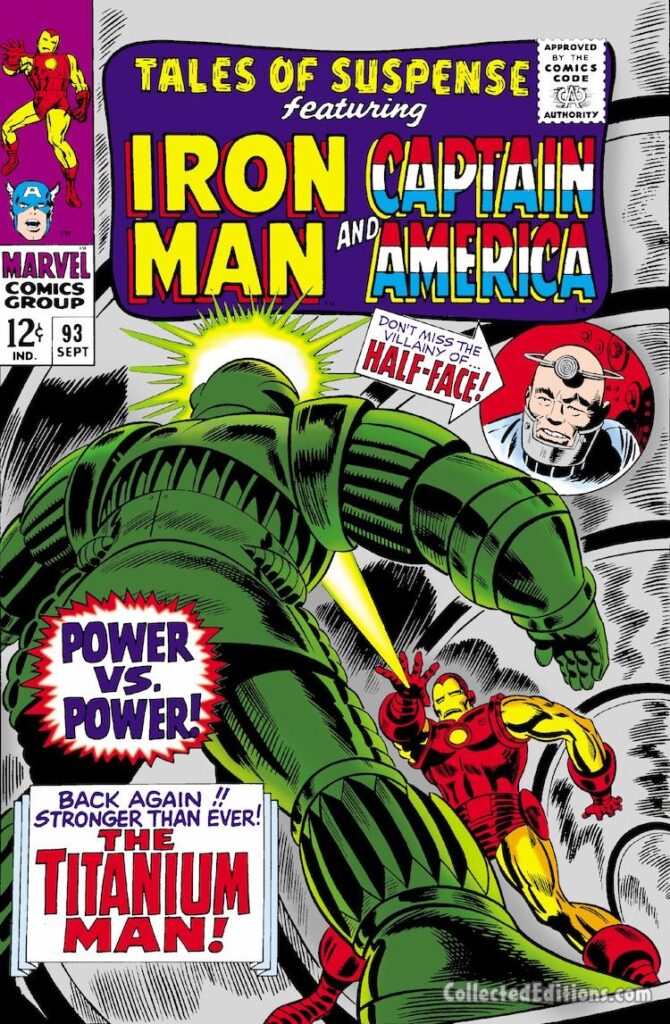 Tales of Suspense #93 cover; pencils, Gene Colan; inks, Frank Giacoia; Titanium Man, Half-Face, Iron Man