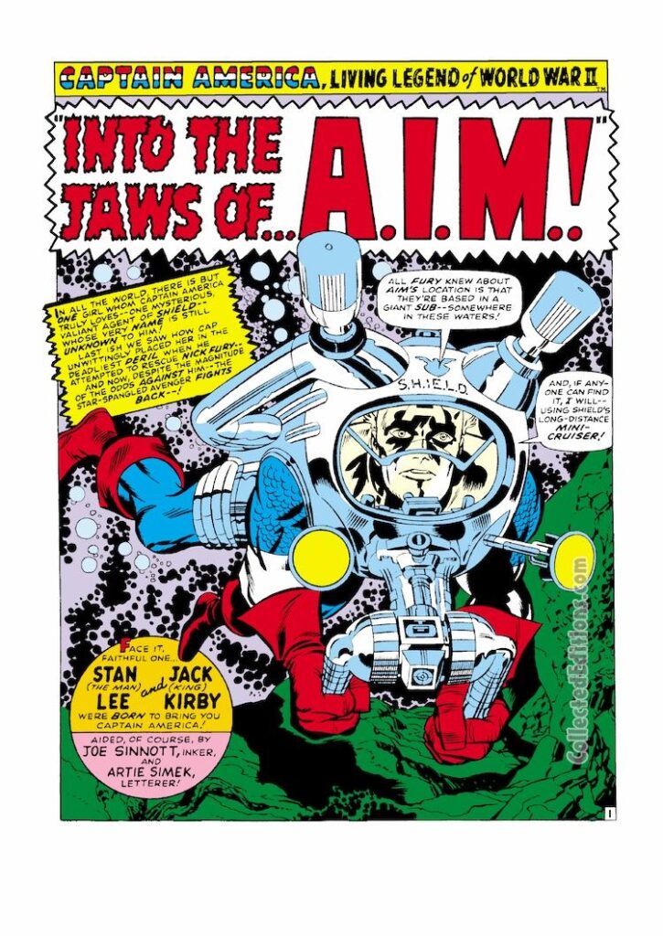 Tales of Suspense #93, pg. 1; pencils, Jack Kirby; inks, Joe Sinnott; Into the Jaws of A.I.M., AIM, Captain America, splash page