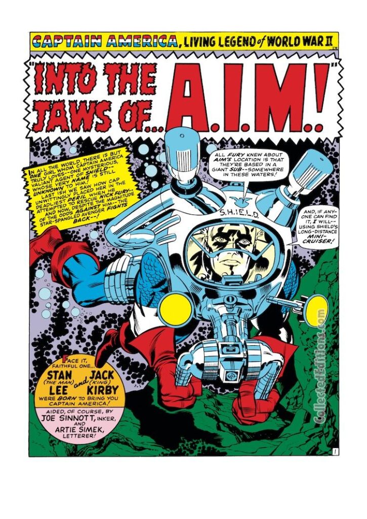 Tales of Suspense #93, pg. 1; pencils, Jack Kirby; inks, Joe Sinnott; Into the Jaws of A.I.M., Advanced Idea Mechanics, Stan Lee, splash page, gadgets