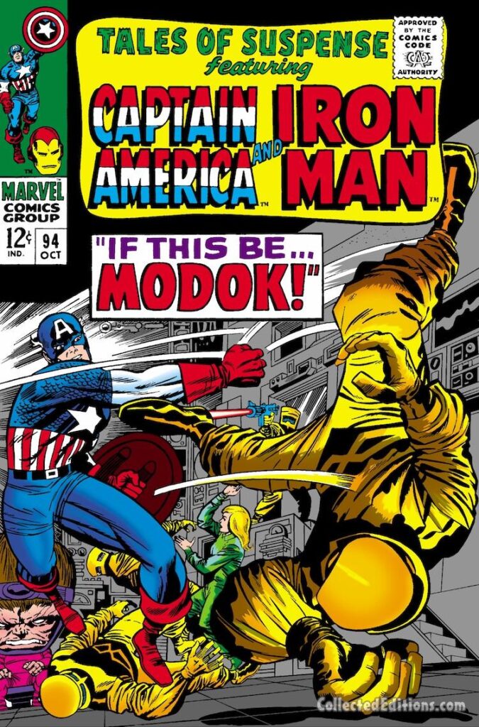 Tales of Suspense #94 cover;  pencils, Jack Kirby; inks, Joe Sinnott; If This Be MODOK, Captain America