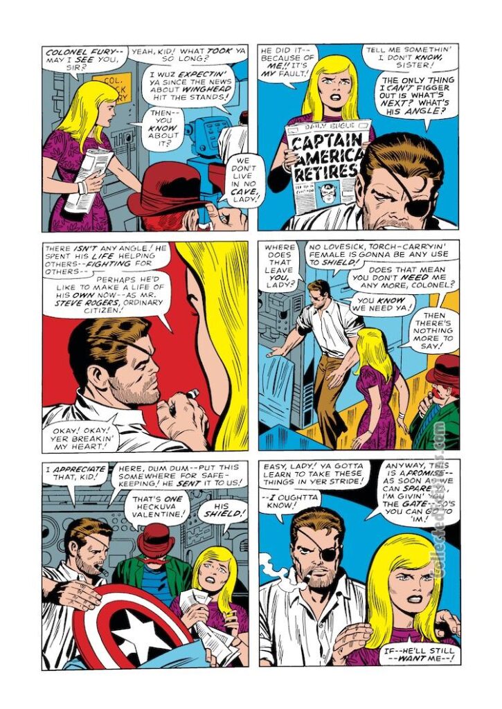 Tales of Suspense #95, pg. 8; pencils, Jack Kirby; inks, Joe Sinnott; Sharon Carter, Agent 13, Nick Fury, Captain America