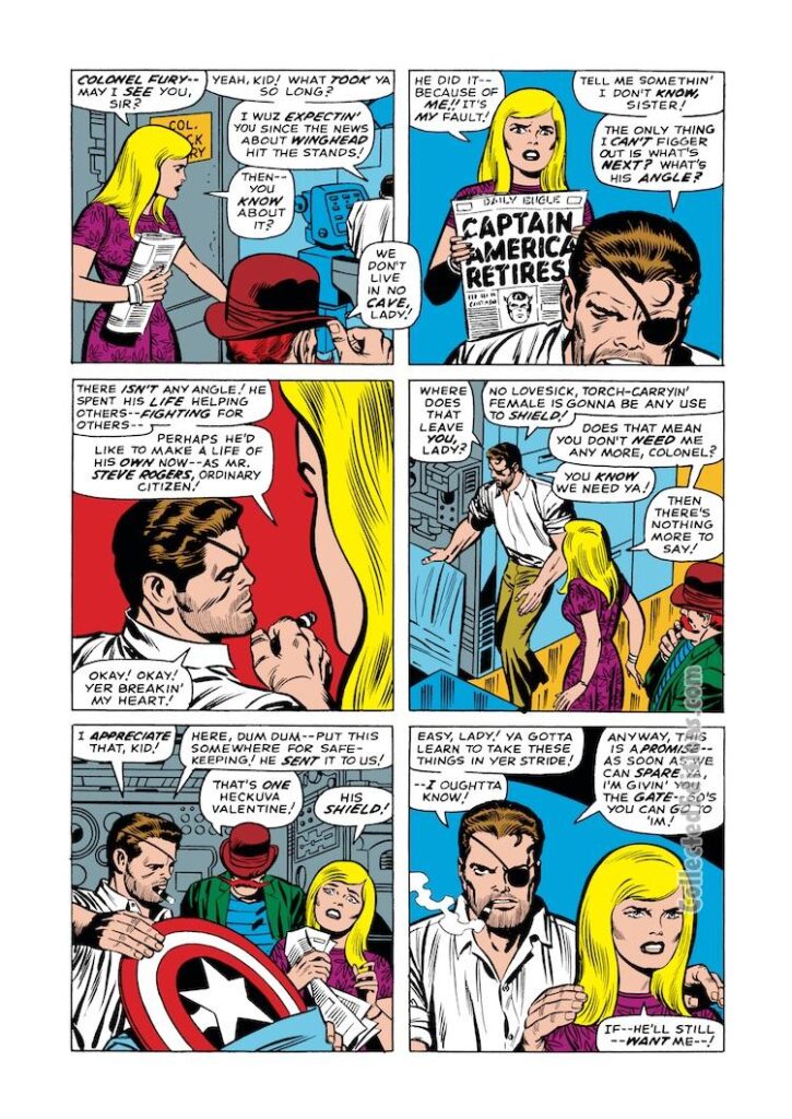 Tales of Suspense #95, pg. 8; pencils, Jack Kirby; inks, Joe Sinnott; Captain America, Sharon Carter, Nick Fury, Dum Dum Dugan