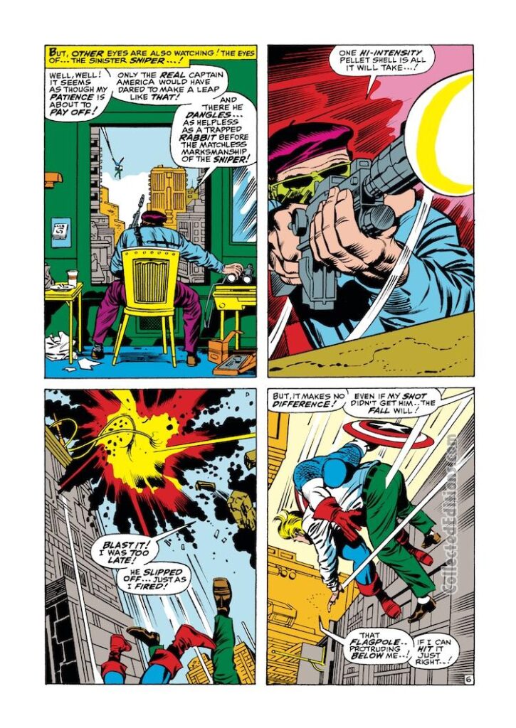 Tales of Suspense #96, pg. 6; pencils, Jack Kirby; inks, Joe Sinnott; Captain America, The Sniper