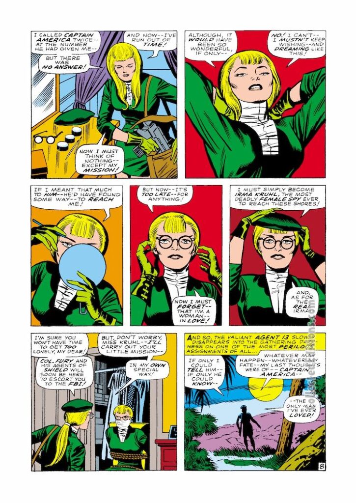 Tales of Suspense #97, pg. 8; pencils, Jack Kirby; inks, Joe Sinnott; Irma Kruhl, Agent 13, Sharon Carter, Captain America