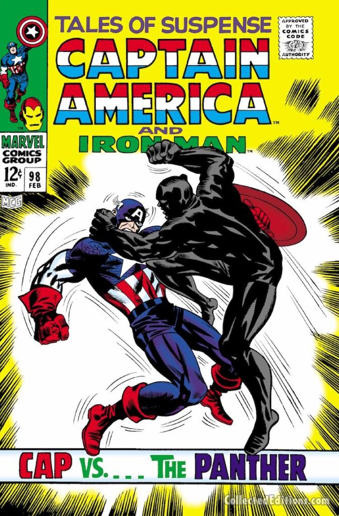Tales of Suspense #98 cover;  pencils, Jack Kirby; inks, Frank Giacoia; Black Panther vs. Captain America