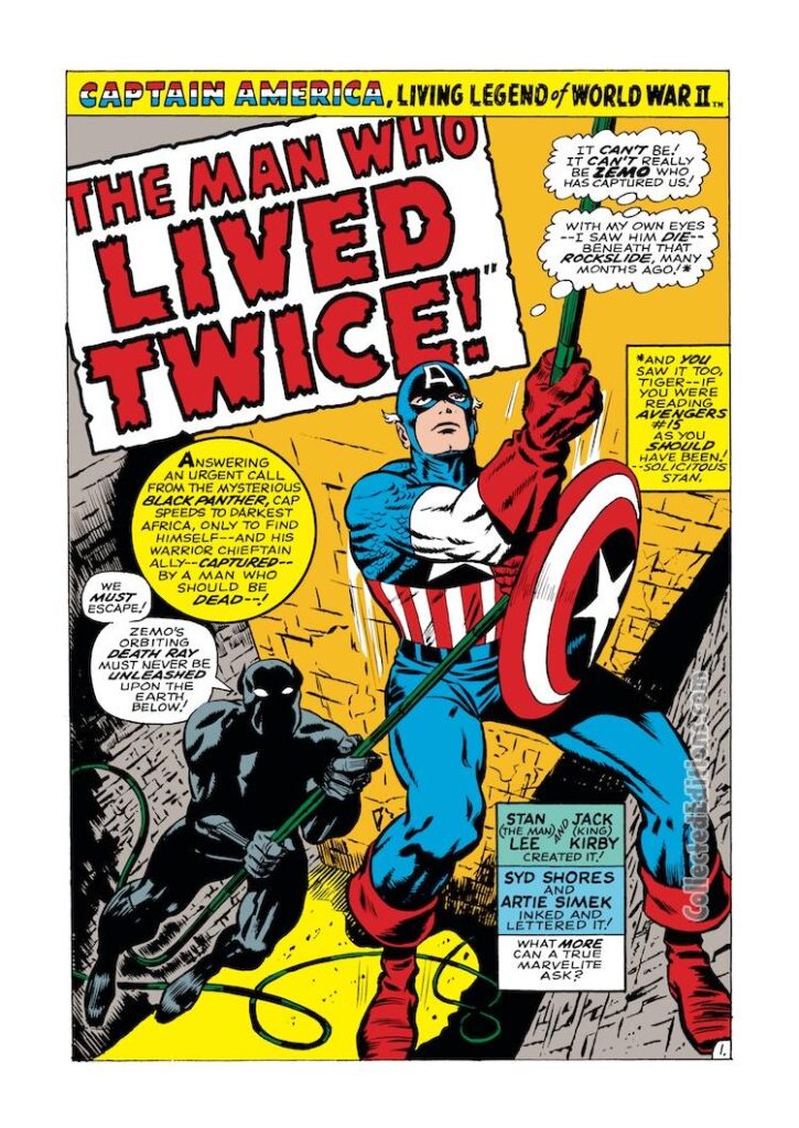 Tales of Suspense #99, pg. 1; pencils, Jack Kirby; inks, Syd Shores; Black Panther, Captain America, The Man Who Lived Twice, Baron Zemo, Stan Lee, splash page
