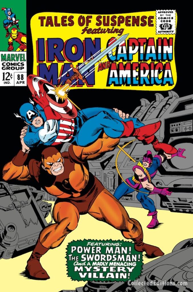 Tales of Suspense #88 cover; pencils and inks, Gil Kane; Power Man, Erik Josten, Swordsman, Captain America
