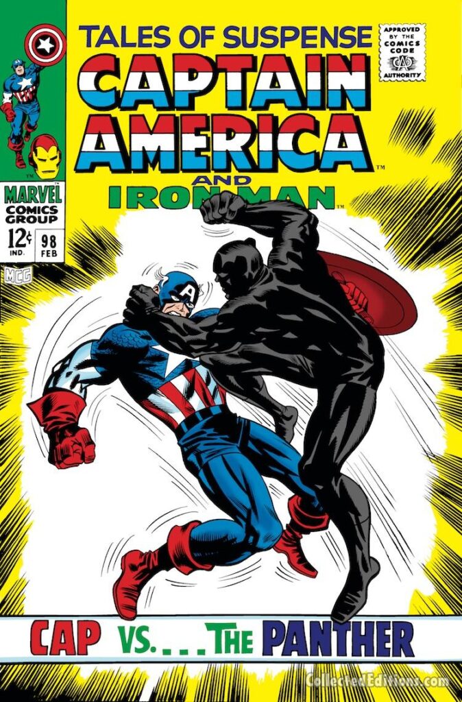 Tales of Suspense #98 cover;  pencils, Jack Kirby; inks, Frank Giacoia; Captain America vs. The Black Panther