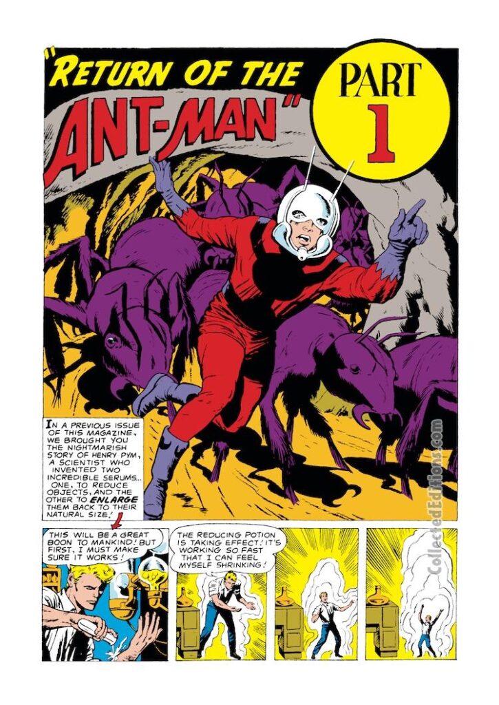 Tales to Astonish #35, pg. 1; pencils, Jack Kirby; inks, Dick Ayers; The Return of the Ant-Man, first appearance, Hank Pym costume, Pym Particles