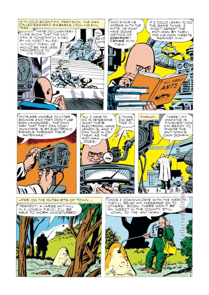 Tales to Astonish #38, pg. 3; pencils, Jack Kirby; inks, Dick Ayers; first appearance, Egghead, "All About Ants", Ant-Man, Hank Pym