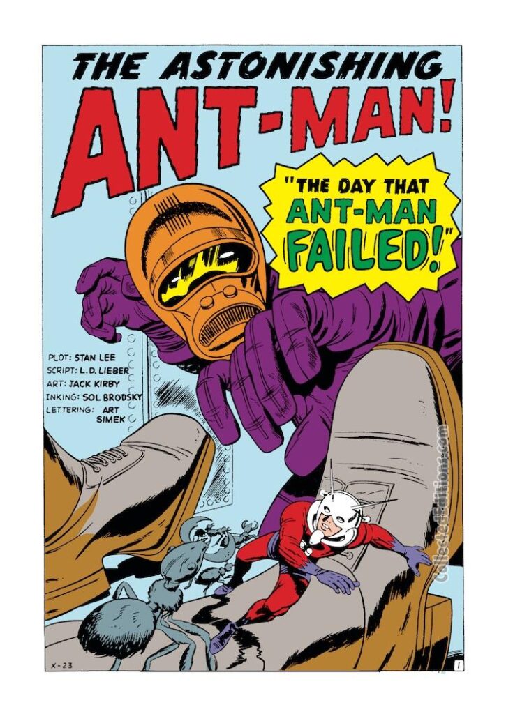 Tales to Astonish #40, pg. 1; pencils, Jack Kirby; inks, Sol Brodsky; The Hijacker, Howard Mitchell, The Day the Ant-Man Failed, Hank Pym,