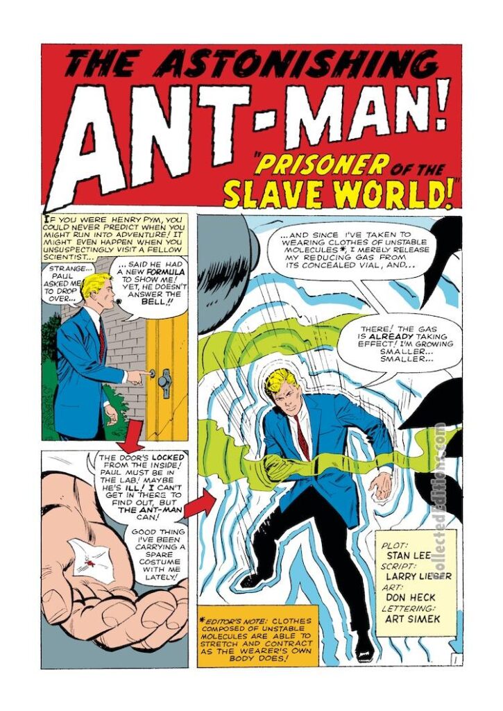 Tales to Astonish #41, pg. 1; pencils and inks, Don Heck; Prisoner of the Slave World, Stan Lee, splash page, Astonishing Ant-Man/Giant-Man/Hank Pym, Wonderful Wasp, Janet Van Dyne