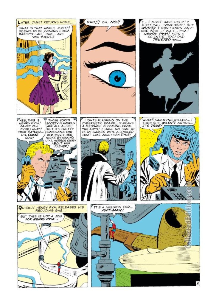 Tales to Astonish #44, pg. 8; pencils, Jack Kirby; inks, Don Heck; Ant-Man/Giant-Man/Hank Pym, Wonderful Wasp, Janet Van Dyne