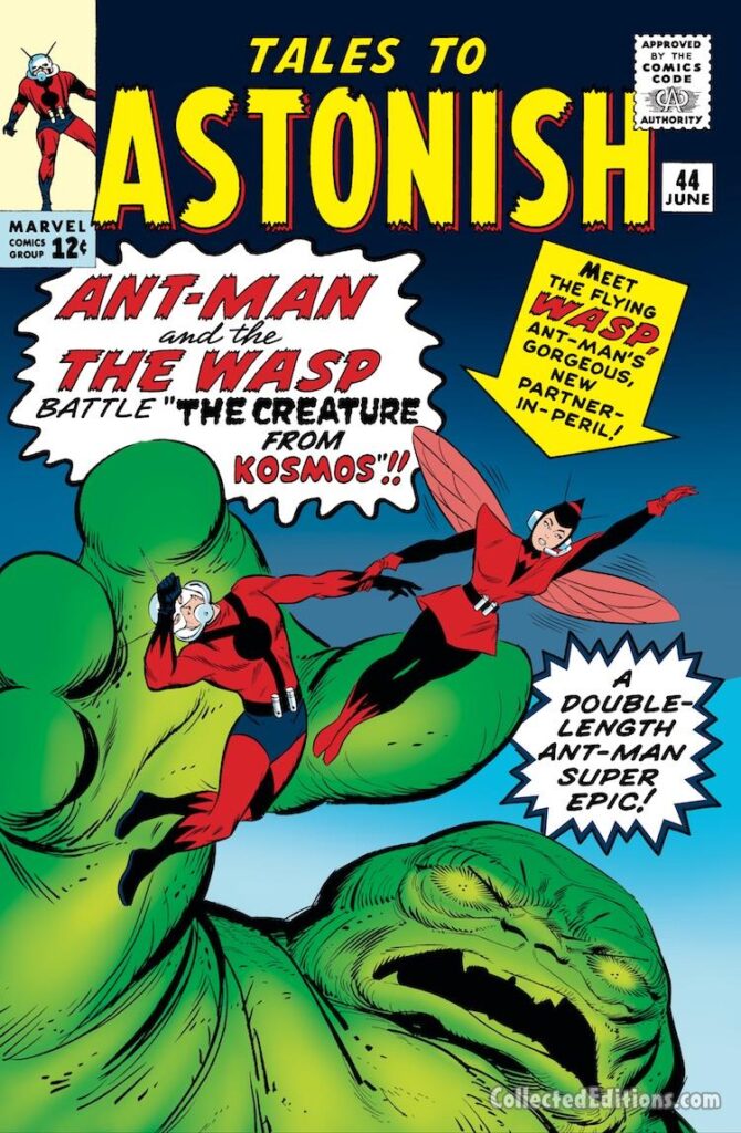 Tales to Astonish #44 cover; pencils, Jack Kirby; inks, Don Heck; Ant-Man and the Wasp, The Creature From Kosmos, Hank Pym, Janet Van Dyne