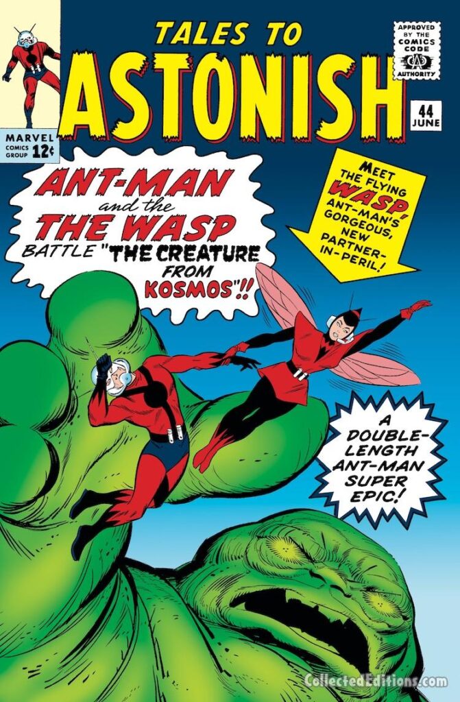 Tales to Astonish #43 cover; pencils, Jack Kirby; inks, Sol Brodsky; Ant-Man and the Wasp, Hank Pym, The Creature from Kosmos