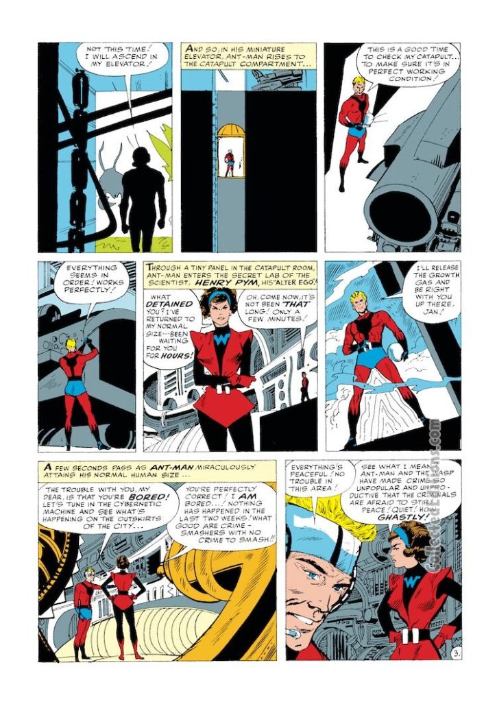 Tales to Astonish #46, pg. 3; pencils and inks, Don Heck; Ant-Man/Giant-Man/Hank Pym, Wonderful Wasp, Janet Van Dyne