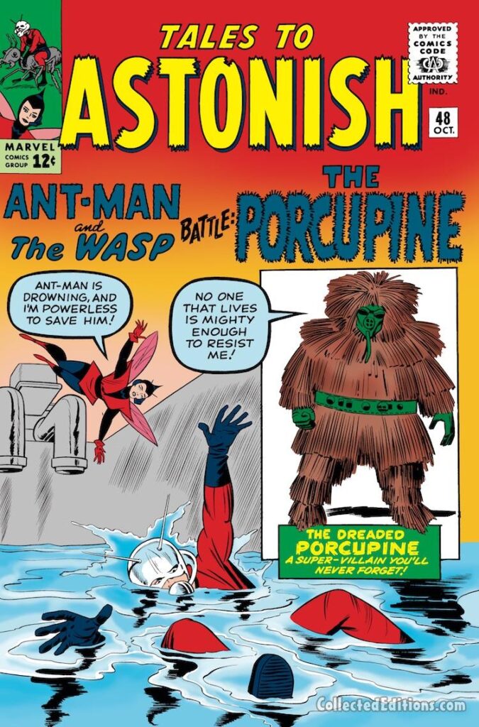 Tales to Astonish #48 cover; pencils, Jack Kirby; inks, Sol Brodsky; Ant-Man, The Wasp Battle the Porcupine, Hank Pym