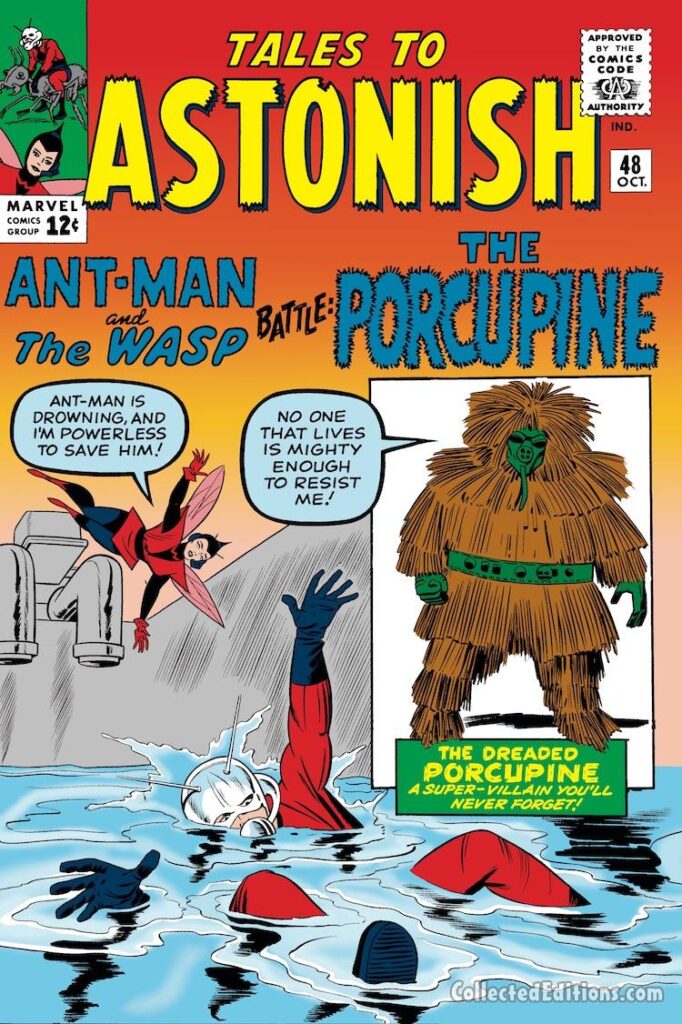 Tales to Astonish #48 cover; pencils, Jack Kirby; inks, Sol Brodsky; first appearance of the Porcupine, Ant-Man/Giant-Man/Hank Pym, Wonderful Wasp, Janet Van Dyne