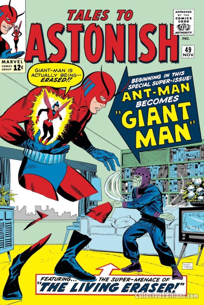 Tales to Astonish #49 cover; pencils and inks, Don Heck; The Living Eraser, Ant-Man/Giant-Man/Hank Pym, Wonderful Wasp, Janet Van Dyne, first appearance